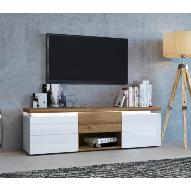 Comoda TV Cortina, 164 x 50 x 40 cm, Stejar si Alb