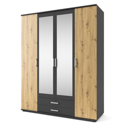 Dulap Poseda, 2 oglinzi, 4 usi si 2 sertare, 160x197x54 cm, stejar si antracit