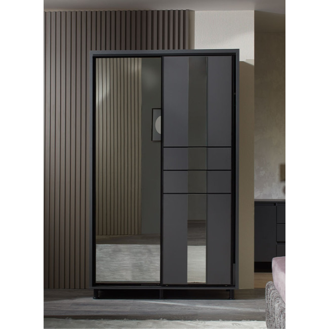 Dulap Rio, 2 usi culisante, 2 sertare interioare, 140 x 58 x 224 cm, Gri