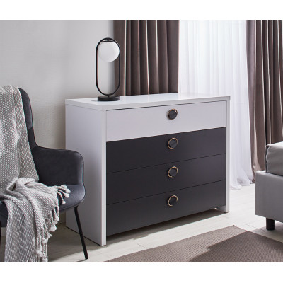 Comoda Cristal, 4 sertare, 110x90x50 cm, Alb si Grafit