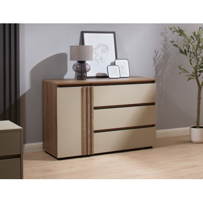 Comoda Malta, 1 usa + 3 sertare, 120x77x45cm, Nuc si Bej