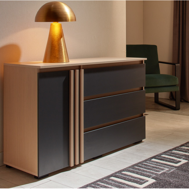 Comoda Malta, 1 usa + 3 sertare, 120x77x45cm, Fag si Grafit