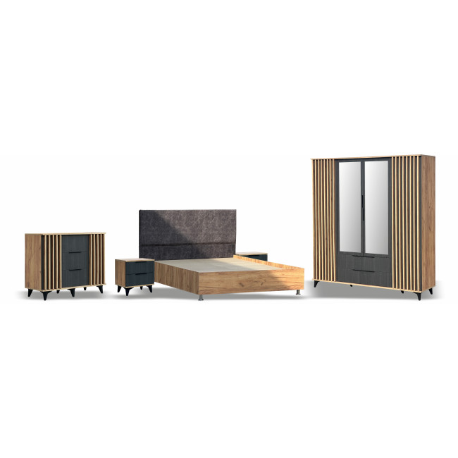Dormitor cu riflaje Bali, stil modern, Dulap, Pat 160x200, 2 noptiere, comoda, somiera, saltea cadou, Stejar si Negru texturat