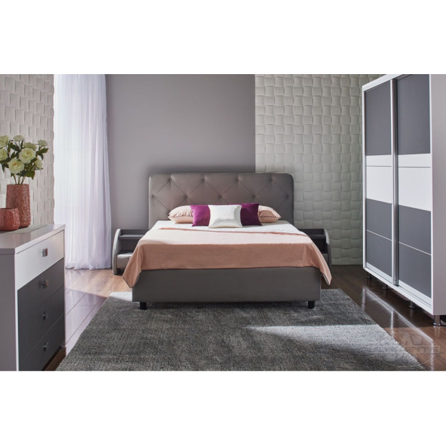 Dormitor Cristal gri, pat 160x200 cm,  dulap usi culisante 2m, comoda cu oglinda noptiere