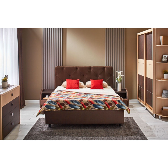 Dormitor Cristal wenge, pat 160x200 cm,  dulap usi culisante 2m, comoda cu oglinda, noptiere
