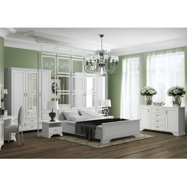 Dormitor Kentuki 1, Dulap 5 usi + 2 sertare, Comoda 2 usi + 4 sertare, Pat 160x200 cm, 2 noptiere, Alb