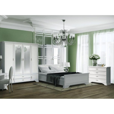 Dormitor Kentuki, Dulap 6 usi + 2 sertare, Comoda 4 sertare, Pat 160x200 cm, 2 noptiere, Alb