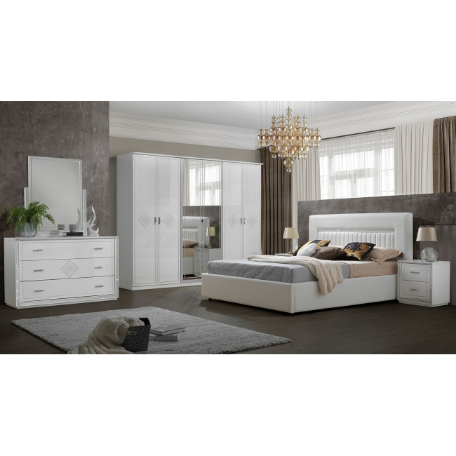 Dormitor New Gemma, Pat 160X200 CM, DULAP CU 6 USI, COMODA, 2 NOPTIERE, SOMIERA CADOU
