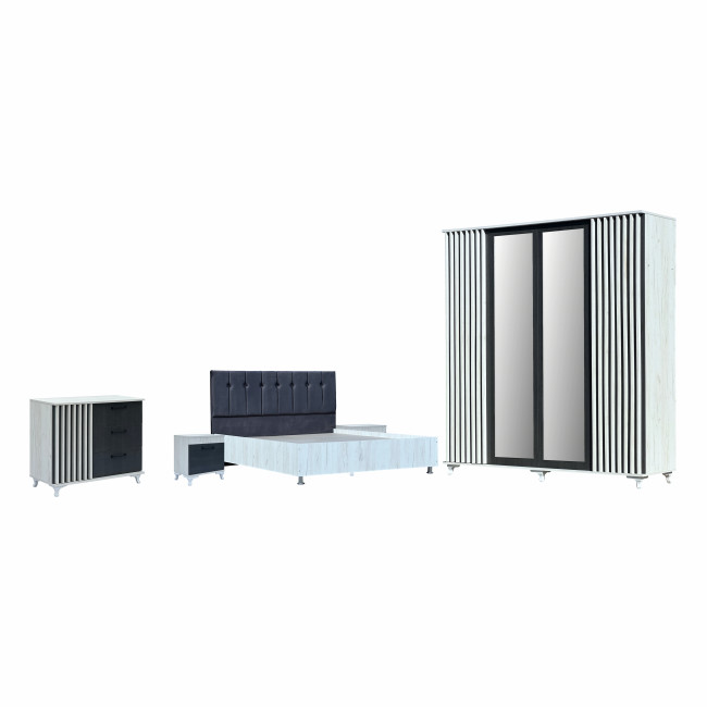 Dormitor cu riflaje Rodos, stil modern, Dulap, Pat 160x200, 2 noptiere, comoda, somiera, saltea cadou, Alb si Negru texturat