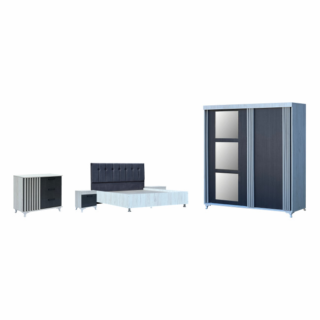 Dormitor cu riflaje Rodos culisant, stil modern, Dulap, Pat 160x200, 2 noptiere, comoda, somiera, saltea cadou, Alb si Negru texturat