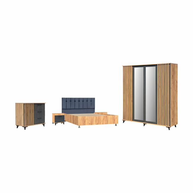 Dormitor cu riflaje Rodos, stil modern, Pat 160x200 cm, Dulap, 2 Noptiere, Comoda, somiera, saltea cadou, Stejar/negru texturat