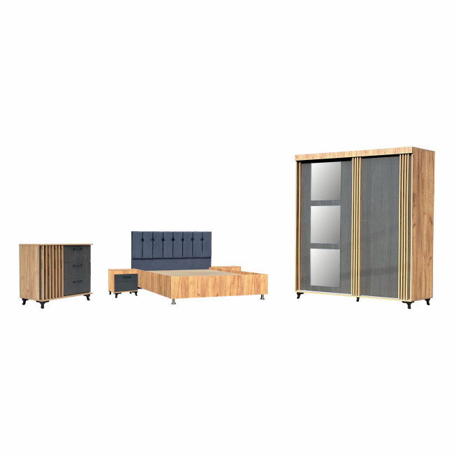 Dormitor cu riflaje Rodos culisant, stil modern, Dulap, Pat 160x200, 2 noptiere, comoda, somiera, saltea cadou, Stejar si Negru texturat