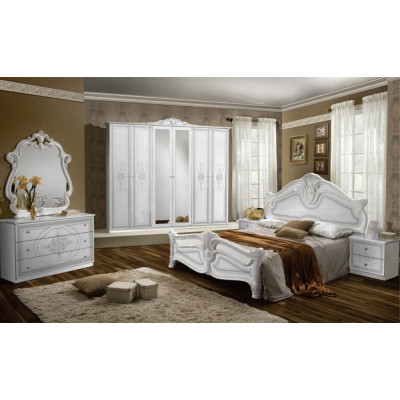 Dormitor Amalfi Alb, pat 160x200 cm, dulap cu 6 usi, comoda, 2 noptiere, somiera + saltea cadou