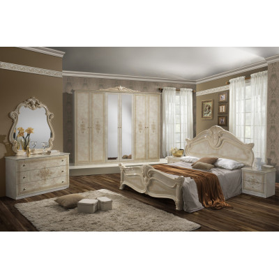 Dormitor Amalfi Bej, pat 160x200 cm, dulap cu 6 usi, comoda, 2 noptiere, somiera + saltea cadou