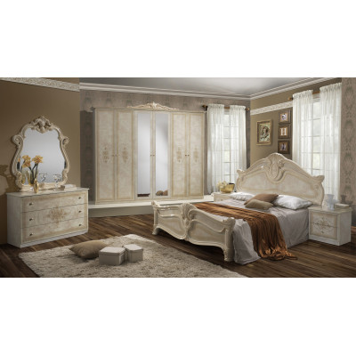 Dormitor Amalfi Bej, pat 160x200 cm, dulap cu 6 usi, comoda, 2 noptiere, somiera + saltea cadou