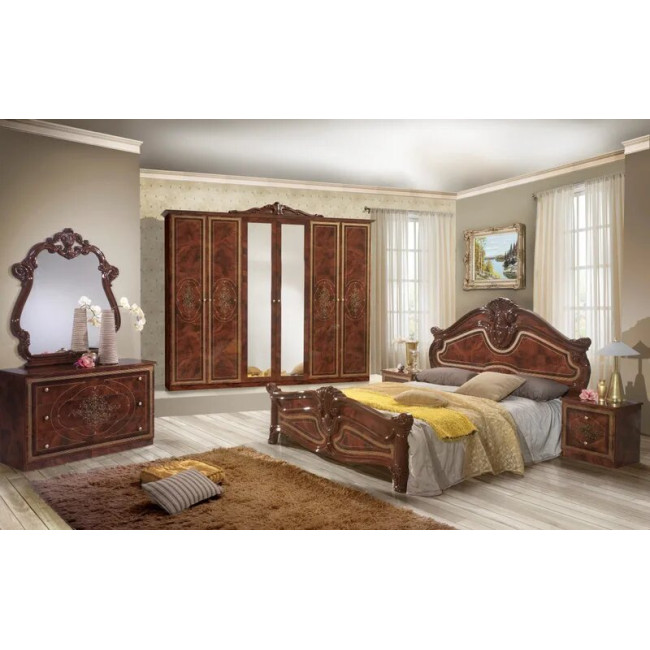Dormitor Amalfi Nuc, pat 160x200 cm, dulap cu 6 usi, comoda, 2 noptiere, somiera + saltea cadou