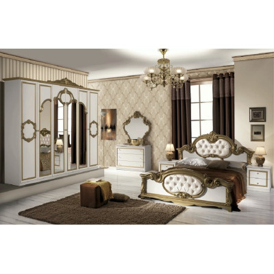 Dormitor Barocco Bianco, alb & auriu, pat 160x200 cm, dulap cu 6 usi, comoda, 2 noptiere, somiera cadou