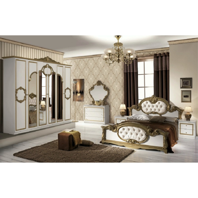 Dormitor Barocco Bianco, alb & auriu, pat 160x200 cm, dulap cu 6 usi, comoda, 2 noptiere, somiera cadou