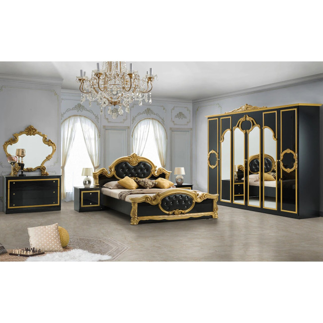 Dormitor Barocco Bianco, negru & auriu, pat 160x200 cm, dulap cu 6 usi, comoda, 2 noptiere, somiera cadou