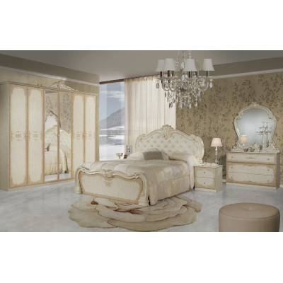 Dormitor Toulouse Bej, pat 160x200 cm, dulap cu 6 usi, 2 noptiere, comoda, somiera + saltea cadou 