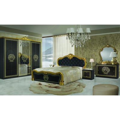 Dormitor Vilma Negru & Auriu, Pat 160x200 cm, Dulap 261 cm, 2 noptiere, comoda, somiera cadou
