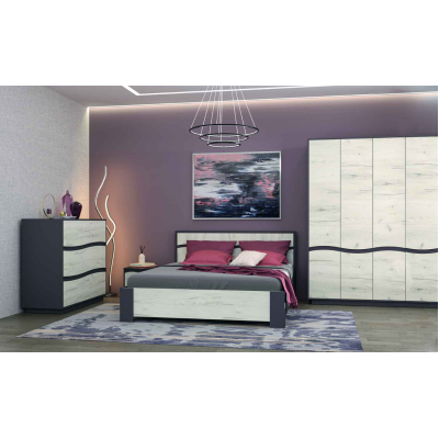 Dormitor Geneva, Dulap 4 usi, comoda 3 sertare, pat 160x200cm, 2 noptiere, Alb texturat
