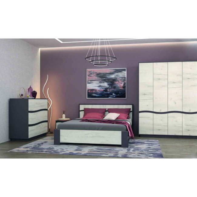 Dormitor Geneva, Dulap 4 usi, comoda 3 sertare, pat 160x200cm, 2 noptiere, Alb texturat
