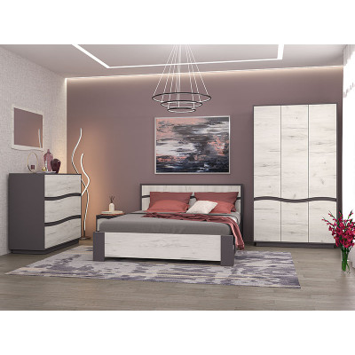 Dormitor Geneva, Dulap 3 usi, comoda 3 sertare, pat 160x200cm, 2 noptiere, Alb texturat