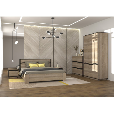 Dormitor Geneva, Dulap 3 usi, comoda 3 sertare, pat 160x200cm, 2 noptiere, Sonoma Trufle