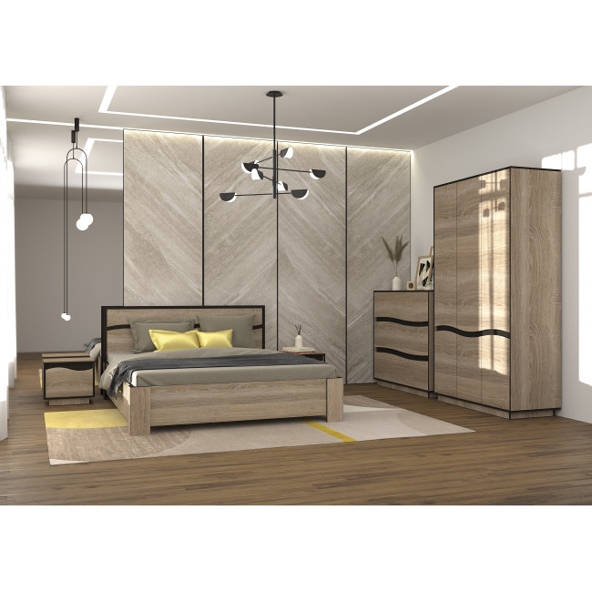 Dormitor Geneva, Dulap 3 usi, comoda 3 sertare, pat 160x200cm, 2 noptiere, Sonoma Trufle