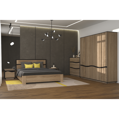 Dormitor Geneva, Dulap 4 usi, comoda 3 sertare, pat 160x200cm, 2 noptiere, Sonoma Trufle