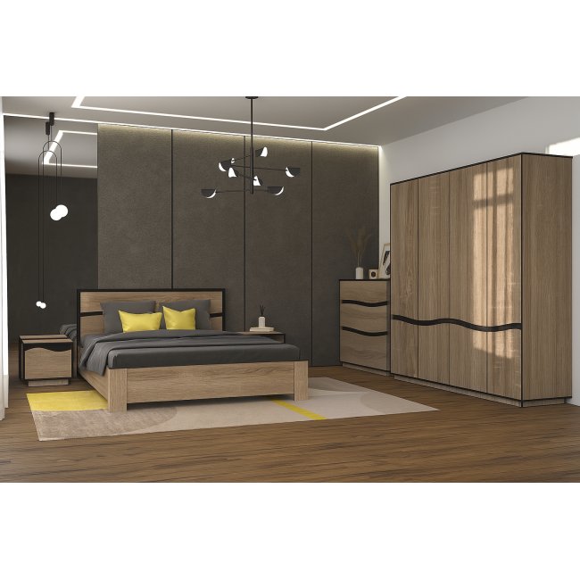 Dormitor Geneva, Dulap 4 usi, comoda 3 sertare, pat 160x200cm, 2 noptiere, Sonoma Trufle