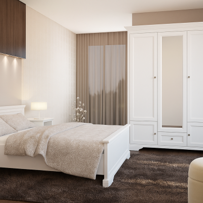 Dormitor Kleo, Dulap 3 usi + 1 sertar, comoda 2 usi + 3 sertare, pat 160x200, 2 noptiere
