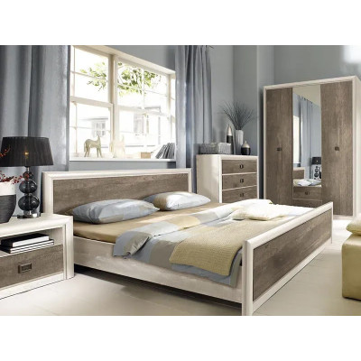 Dormitor Koen 2, Dulap 3 usi, comoda 4 sertare, pat 160x200cm, 2 noptiere, Stejar si Pin