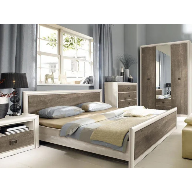 Dormitor Koen 2, Dulap 3 usi, comoda 4 sertare, pat 160x200cm, 2 noptiere, Stejar si Pin