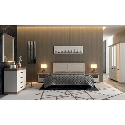 Dormitor Marsel, Dulap 4 usi, Comoda 4 sertare, Pat 160x200 cm, 2 noptiere, Alb frasin si Sonoma Truffle