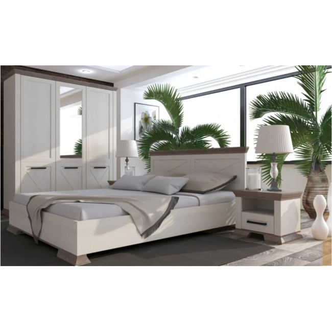 Dormitor Marsel, Dulap 3 usi, Comoda 4 sertare, Pat 160x200 cm, 2 noptiere, Alb frasin si Sonoma Truffle